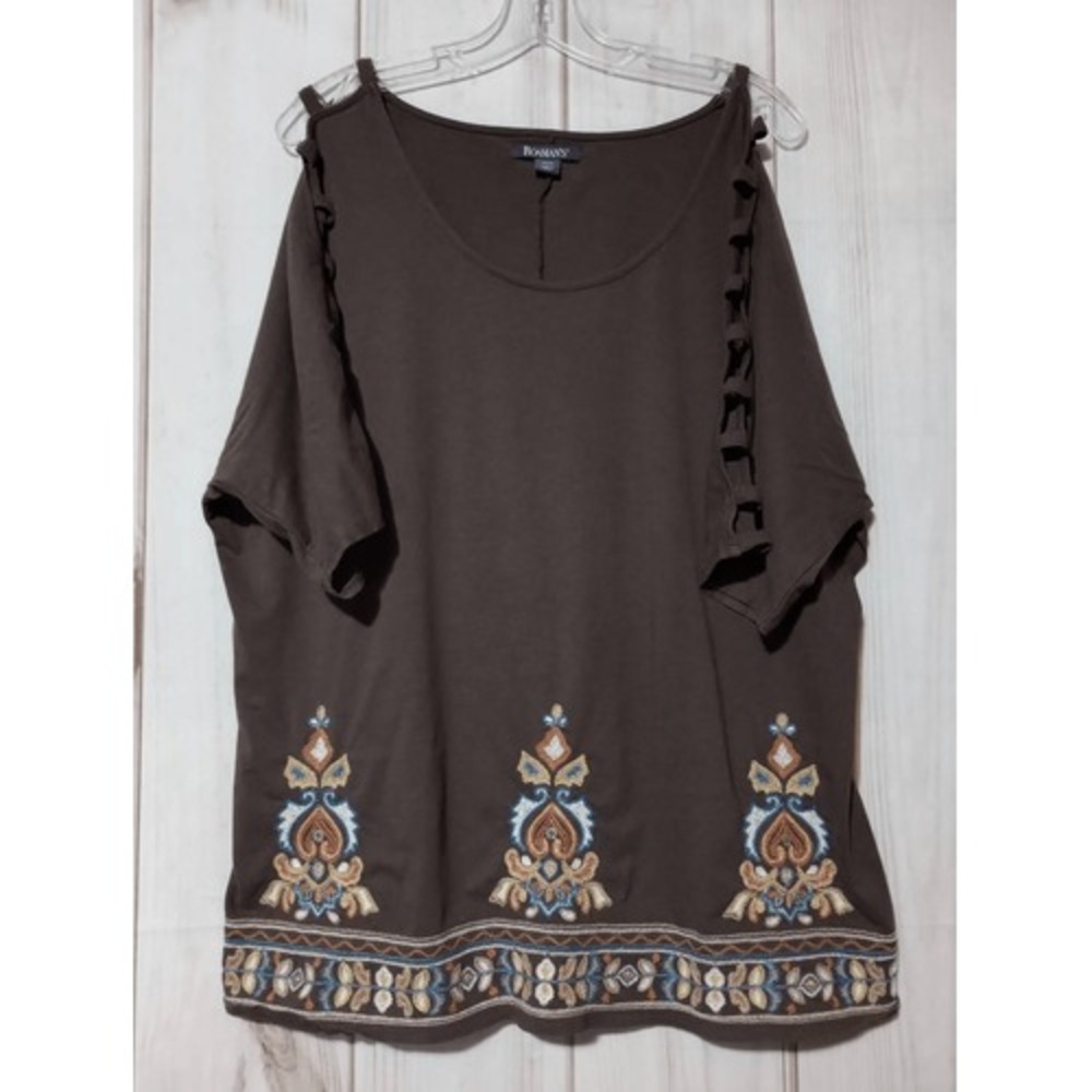 Roamans Brown Embroidered Cold Shoulder Lattice Sleeve Top 18/20 L